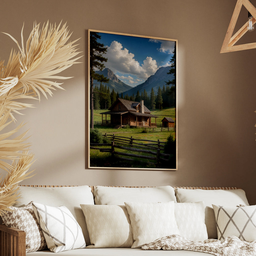 Mountain Cabin Poster, Rustic Log Cabin Wall Art, Nature Landscape Print, Wilderness Decor