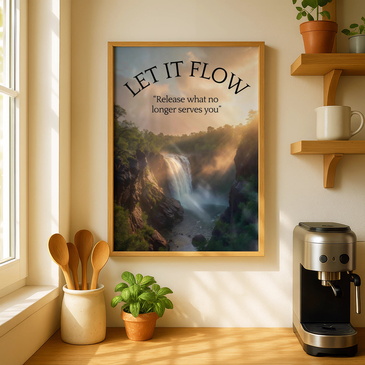 Let It Flow Waterfall Motivational Poster, Release Quote Nature Wall Art Print