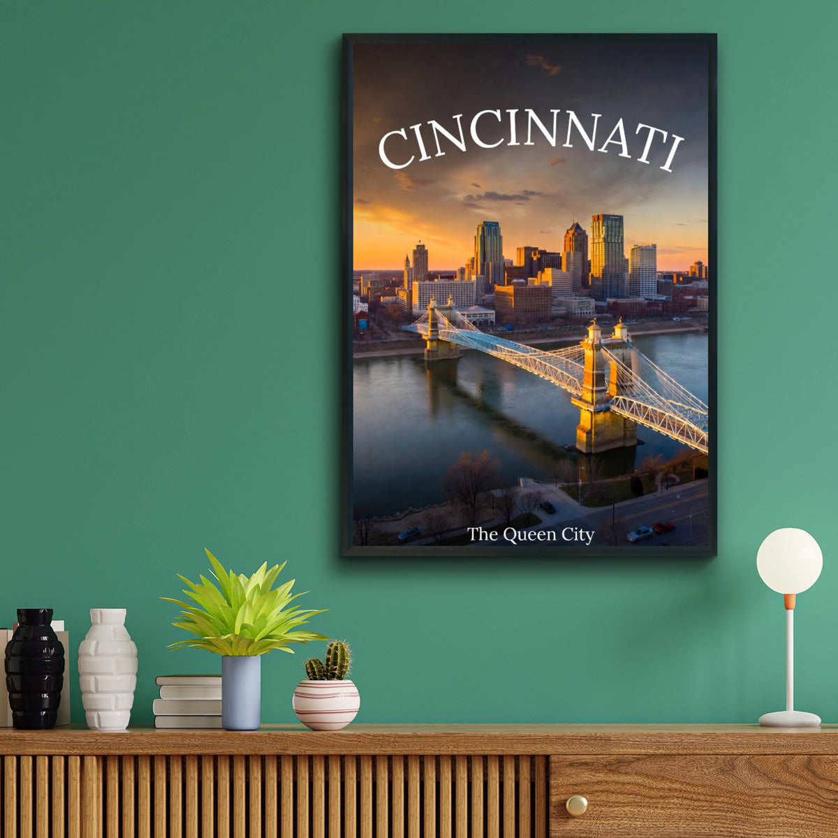 Cincinnati Skyline Poster, Queen City Ohio Wall Art, Roebling Bridge Sunset Print