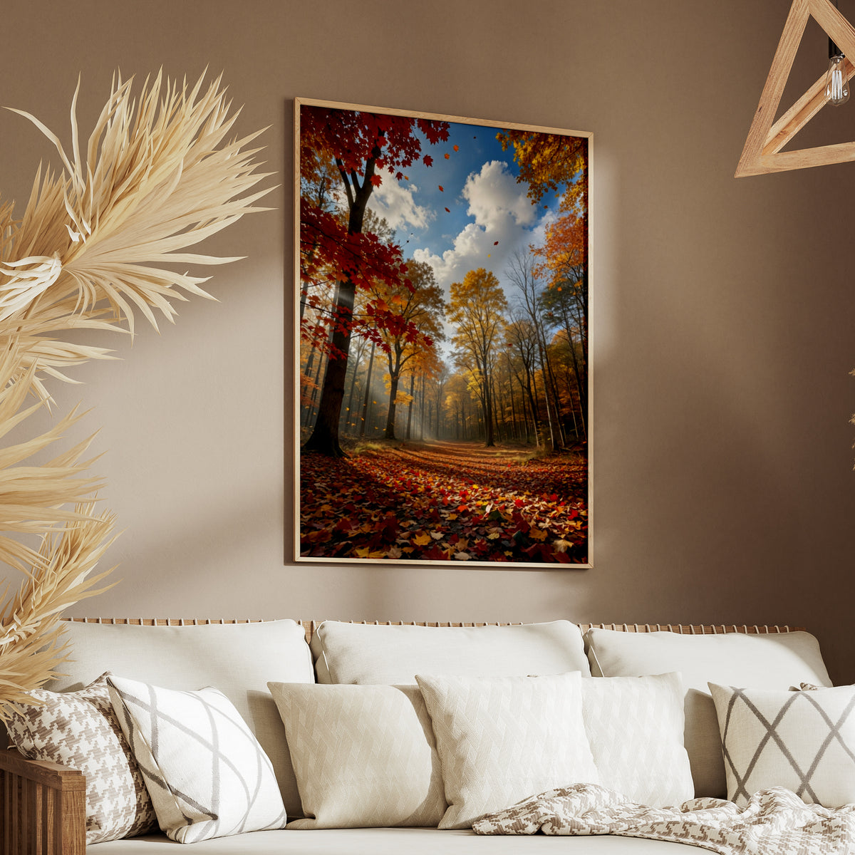 Fall Forest Path Poster, Autumn Foliage Wall Art, Red Orange Leaves Nature Print, Woodland Decor