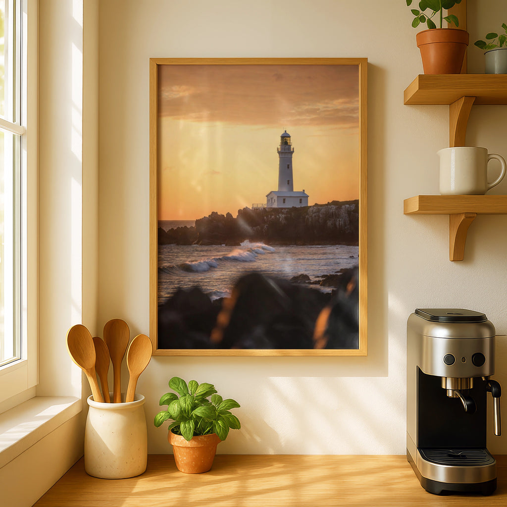 Lighthouse Sunset Poster, Coastal Ocean Wall Art, Rocky Shore Print, Golden Sky Decor