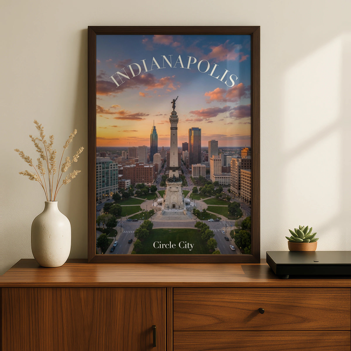 Indianapolis Poster, Circle City Skyline Wall Art, Indiana Monument Print, Sunset