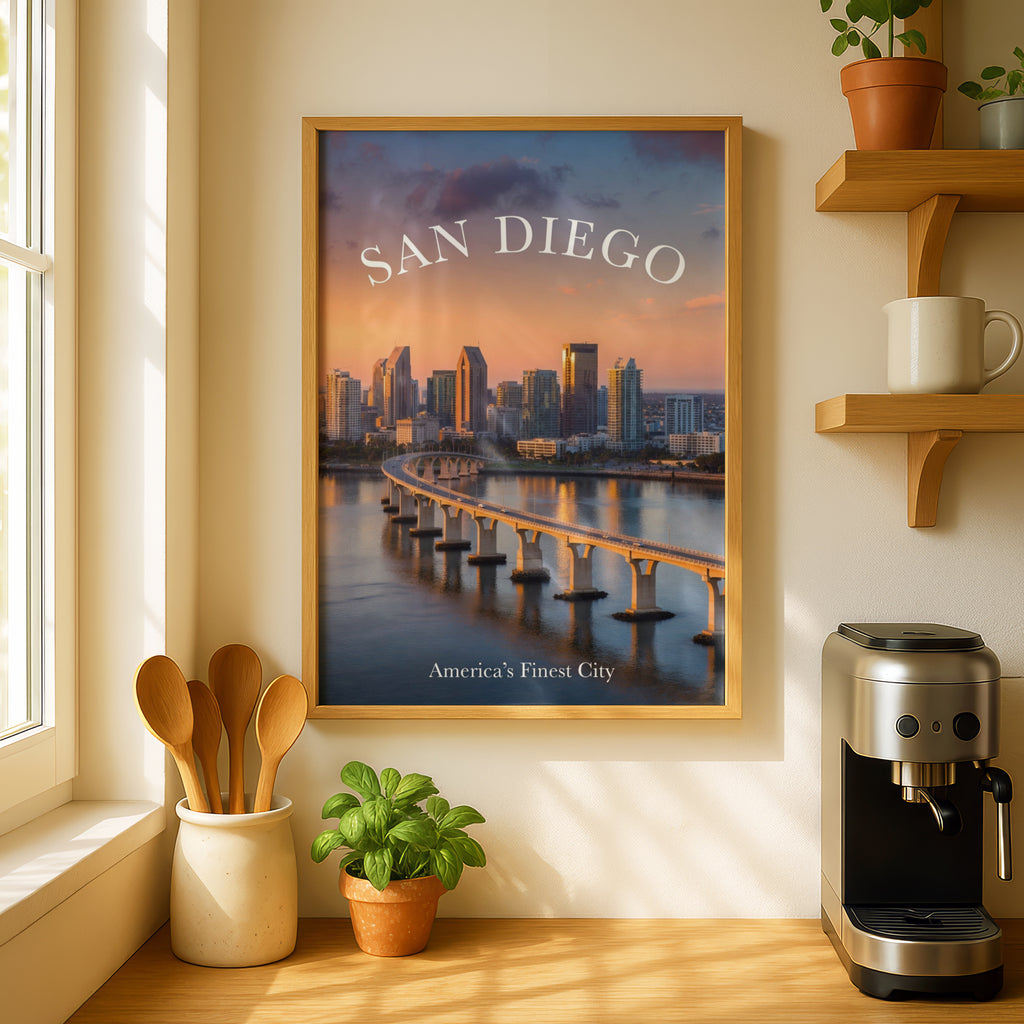 San Diego Skyline Poster, California City Wall Art, Sunset Bay Bridge Print, Travel Decor