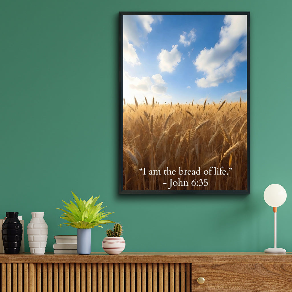 John 6:35 Bible Verse Poster, Bread of Life Scripture Wall Art, Wheat Field Christian Print