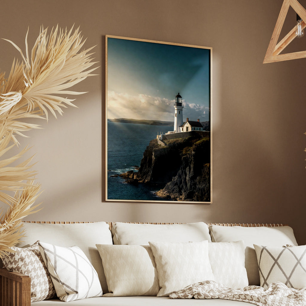 Lighthouse Cliff Ocean Poster, Coastal Wall Art, Nautical Sea Print, Blue Scenic Photo