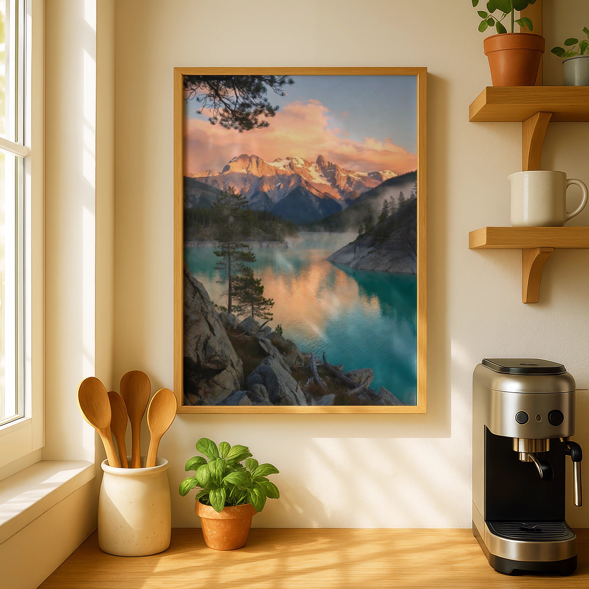 Mountain Lake Sunset Poster, Turquoise Water Nature Wall Art, Snowy Peaks Pine Tree Print