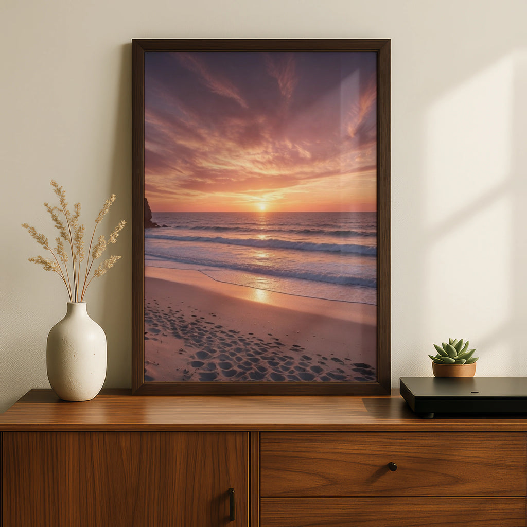 Beach Sunset Poster, Ocean Waves Wall Art, Pink Sky Coastal Print, Sandy Shore Decor