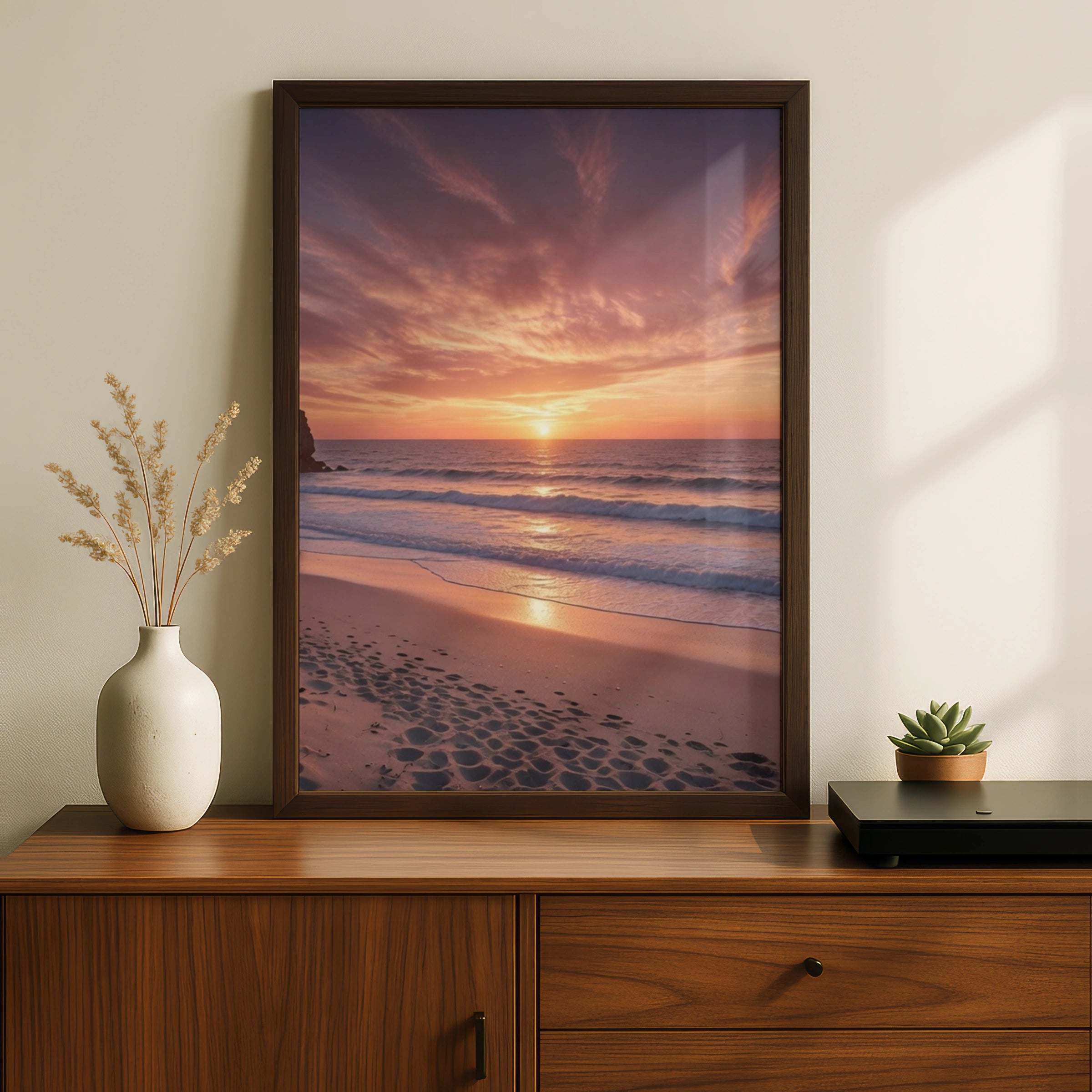 Beach Sunset Poster, Ocean Waves Wall Art, Pink Sky Coastal Print, Sandy Shore Decor