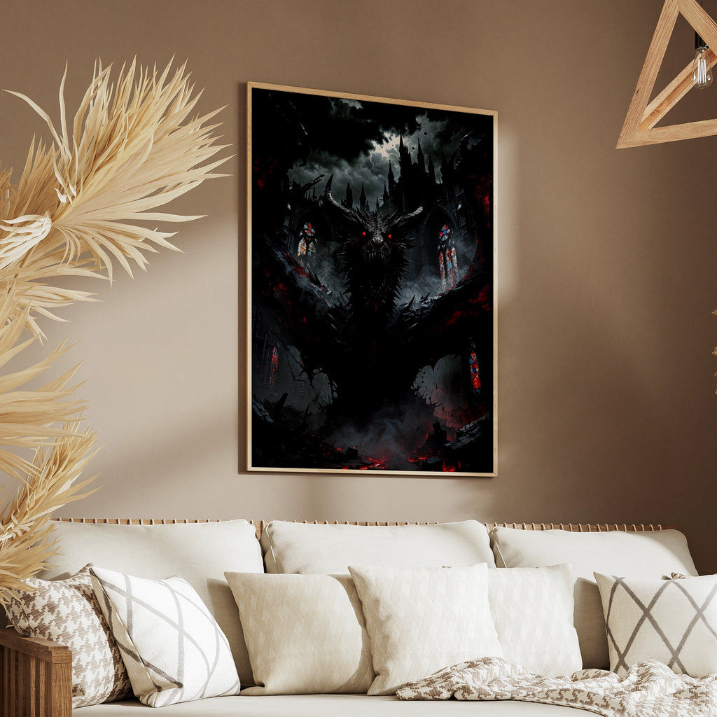 Dark Dragon Gothic Cathedral Poster, Red Eyes Fantasy Beast, Dark Fantasy Wall Art Print