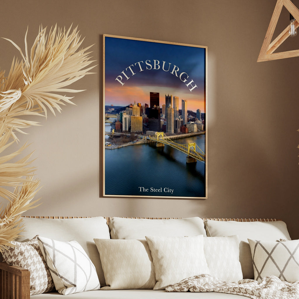 Pittsburgh Skyline Poster, Steel City Wall Art, Yellow Bridge Pennsylvania Print