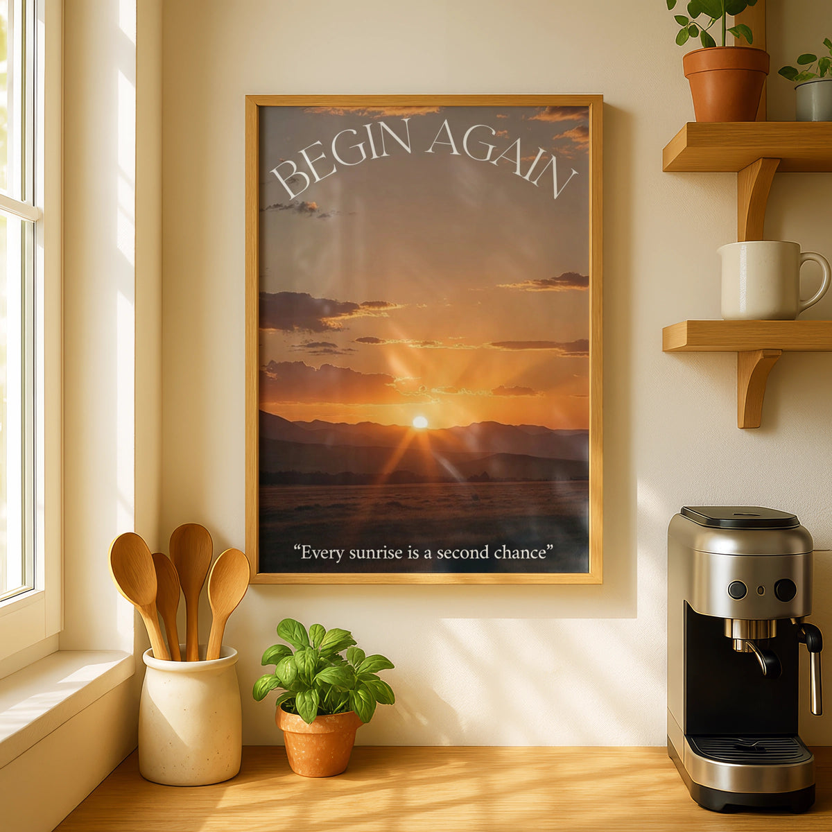 Begin Again Sunrise Motivational Poster, Every Sunrise Is a Second Chance Wall Art