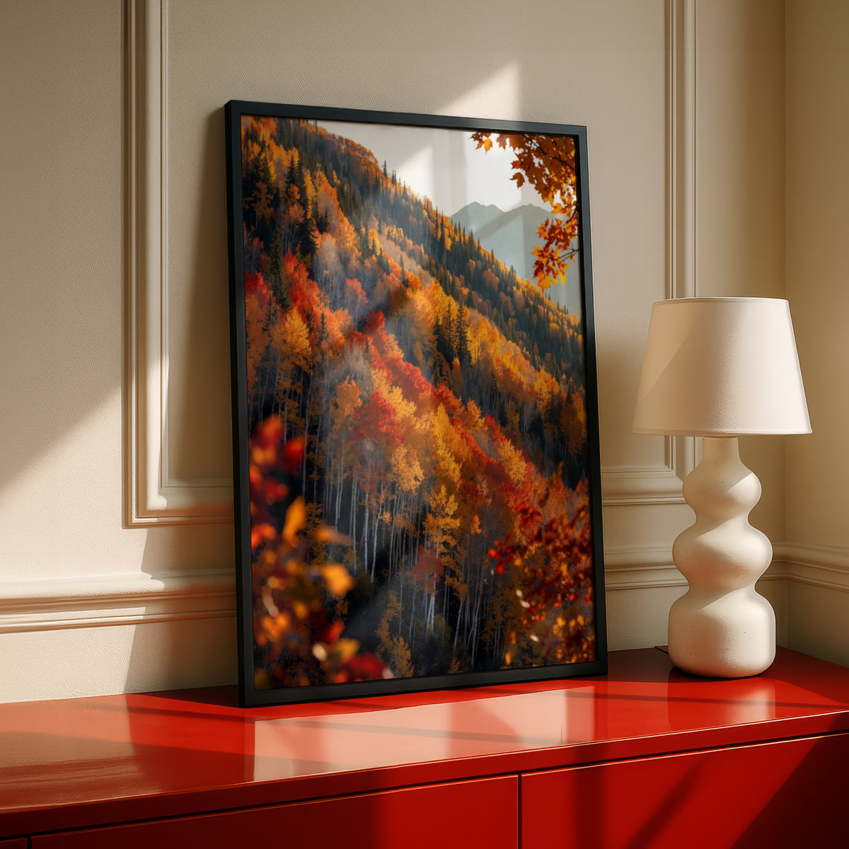 Fall Colors Mountain Forest Poster, Autumn Aspen Trees Wall Art, Red Orange Nature Print