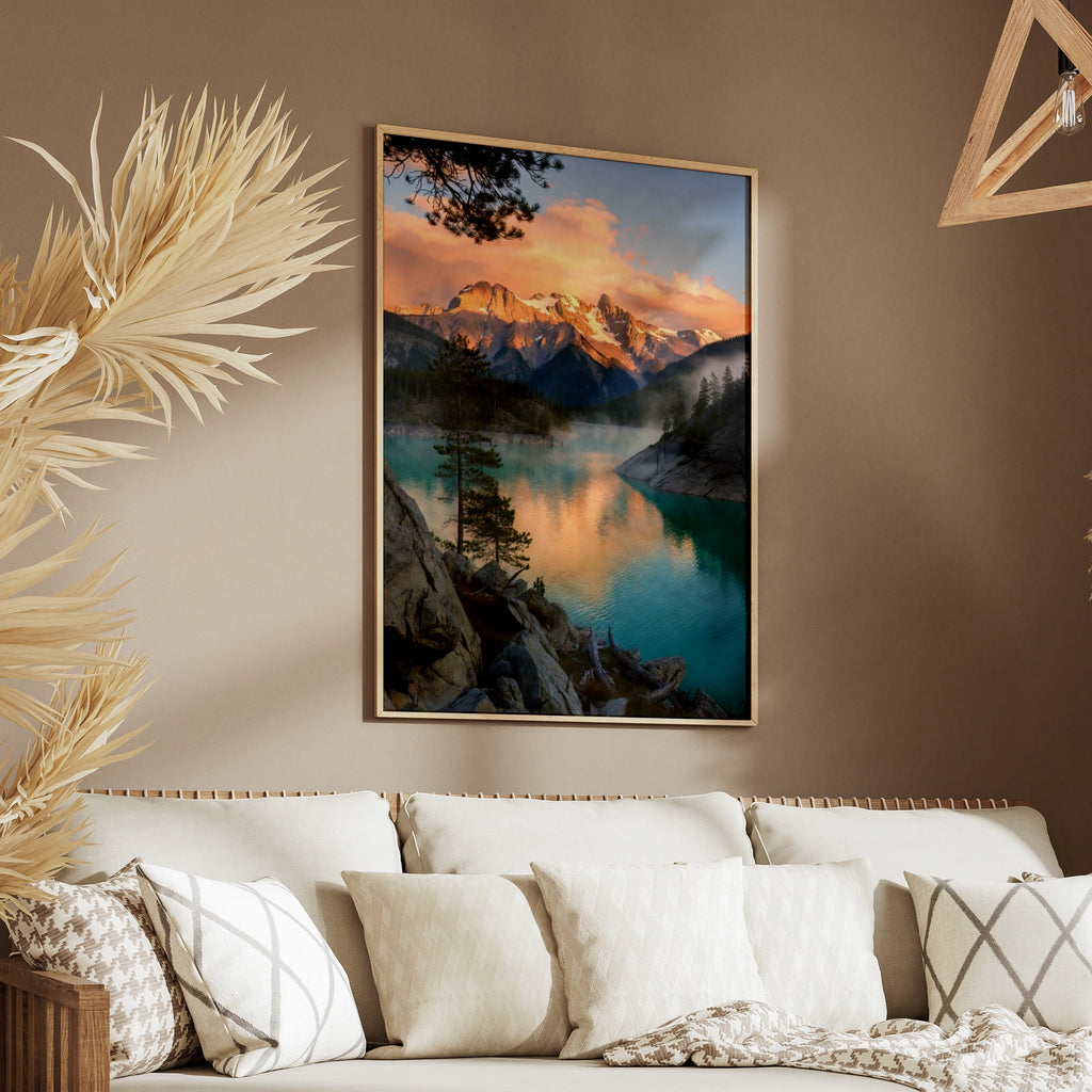 Mountain Lake Sunset Poster, Turquoise Water Nature Wall Art, Snowy Peaks Pine Tree Print