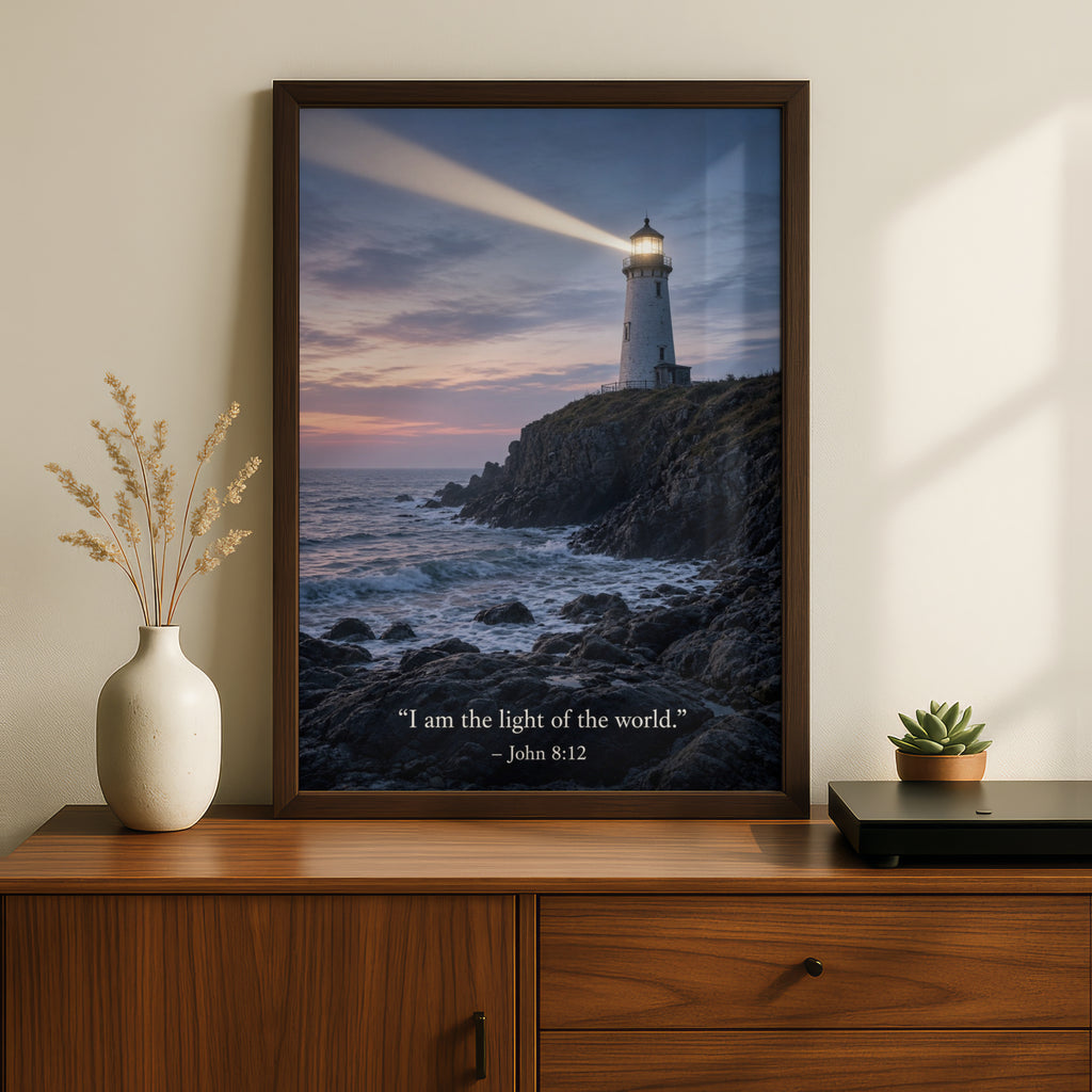 John 8:12 Lighthouse Scripture Poster, Christian Wall Art, Bible Verse Print, Faith