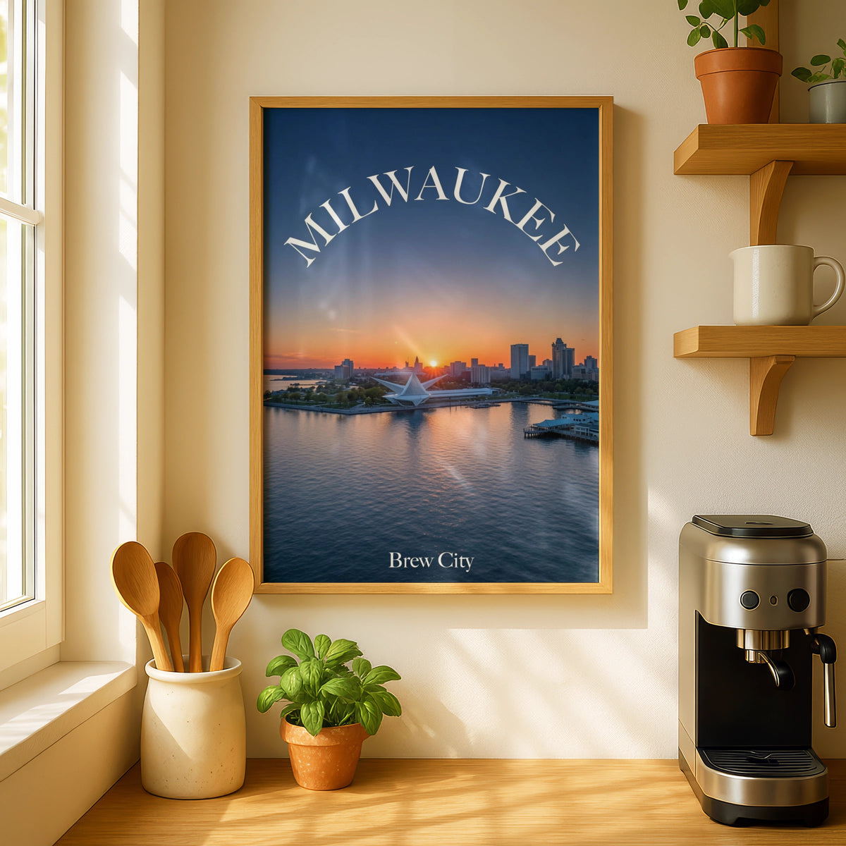 Milwaukee Poster, Brew City Skyline Sunset Wall Art, Lake Michigan Wisconsin Print