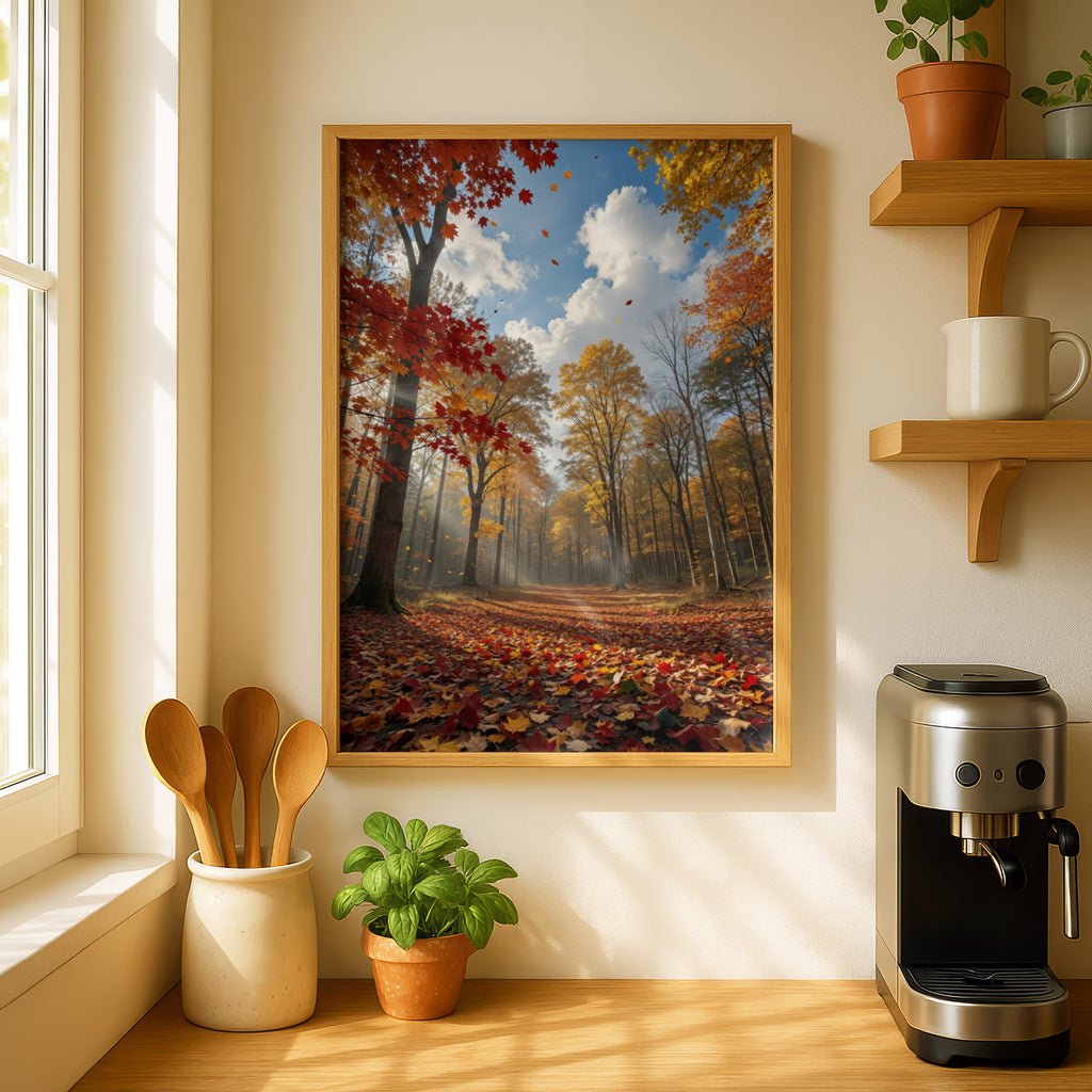 Fall Forest Path Poster, Autumn Foliage Wall Art, Red Orange Leaves Nature Print, Woodland Decor