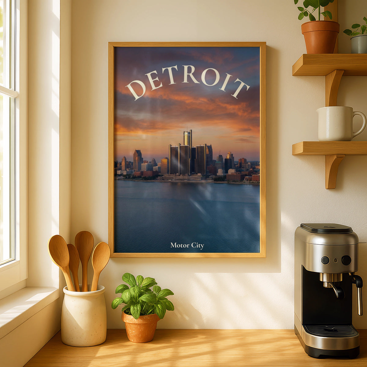 Detroit Skyline Poster, Motor City Wall Art, Michigan City Print, Sunset River View