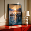 Wild Horses Sunset Mountain Lake Poster, Herd Horse Wall Art, Golden Sky Print