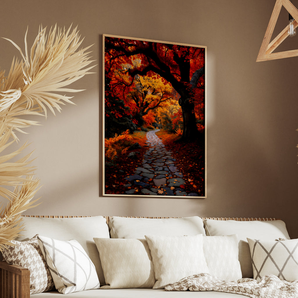 Fall Forest Path Poster, Autumn Colors Nature Wall Art, Red Orange Foliage Stone Path Print