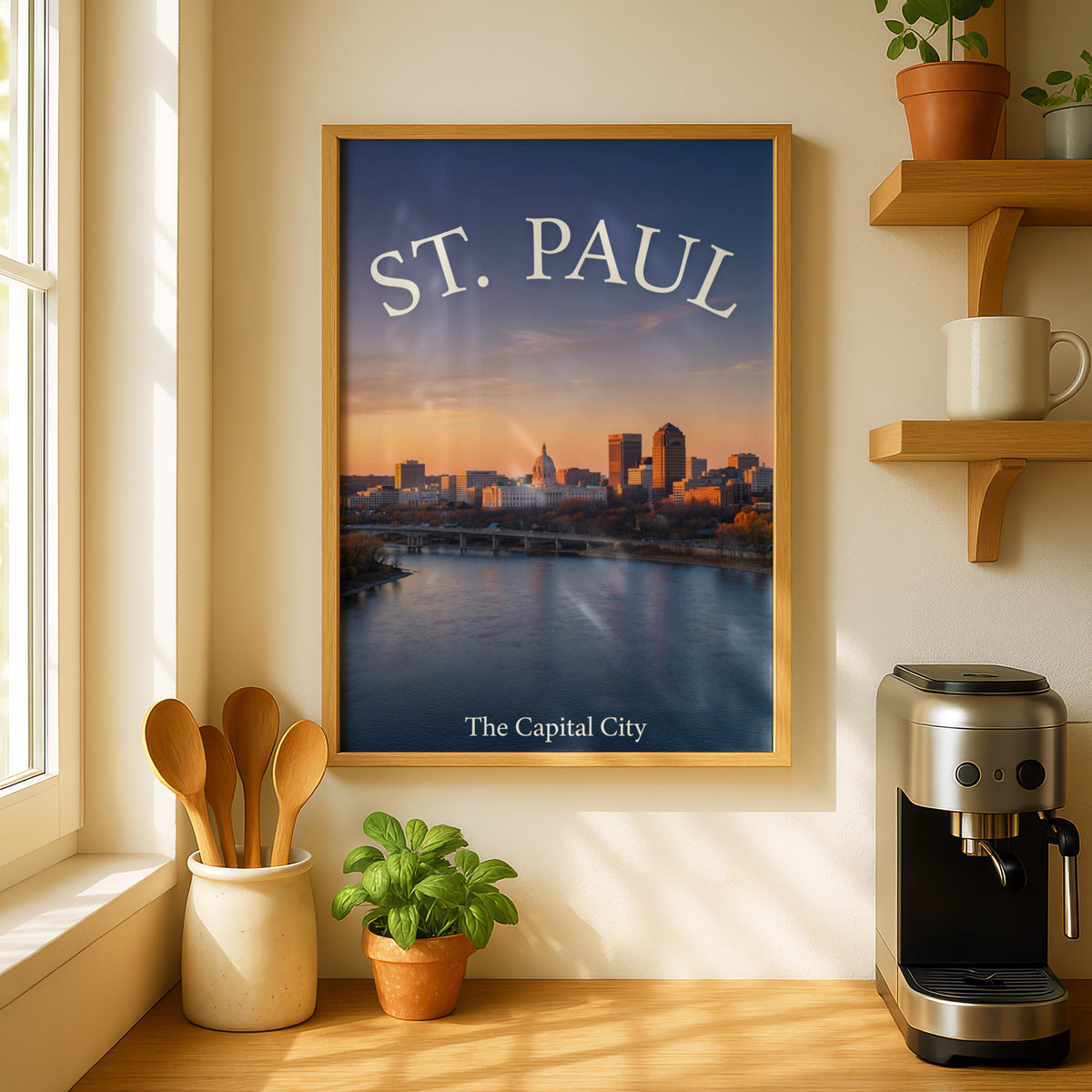 St. Paul Minnesota Skyline Poster, Capitol Building Mississippi River Sunset Wall Art Print