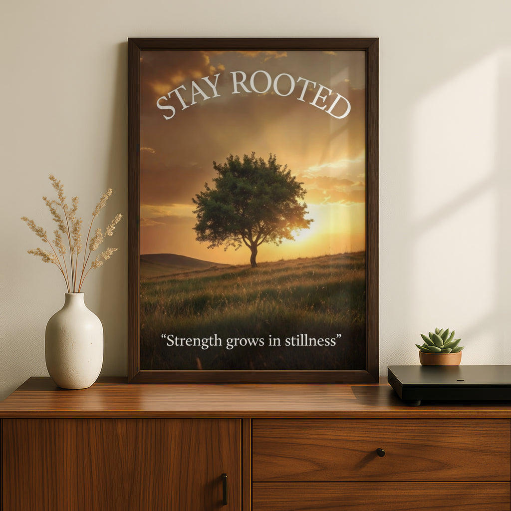 Stay Rooted Inspirational Tree Poster, Strength Quote Wall Art, Sunset Nature Print