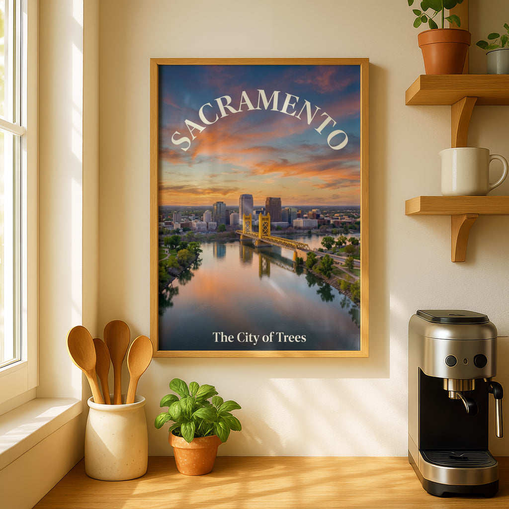Sacramento Poster, City of Trees California Wall Art, Tower Bridge Sunset Skyline Print