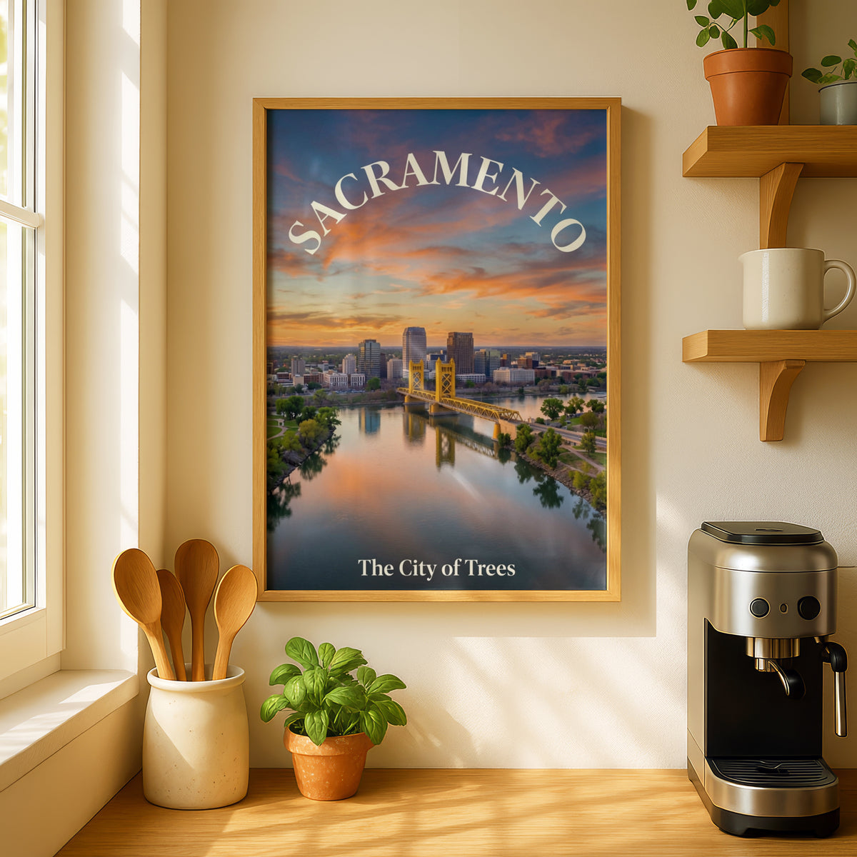 Sacramento Poster, City of Trees California Wall Art, Tower Bridge Sunset Skyline Print