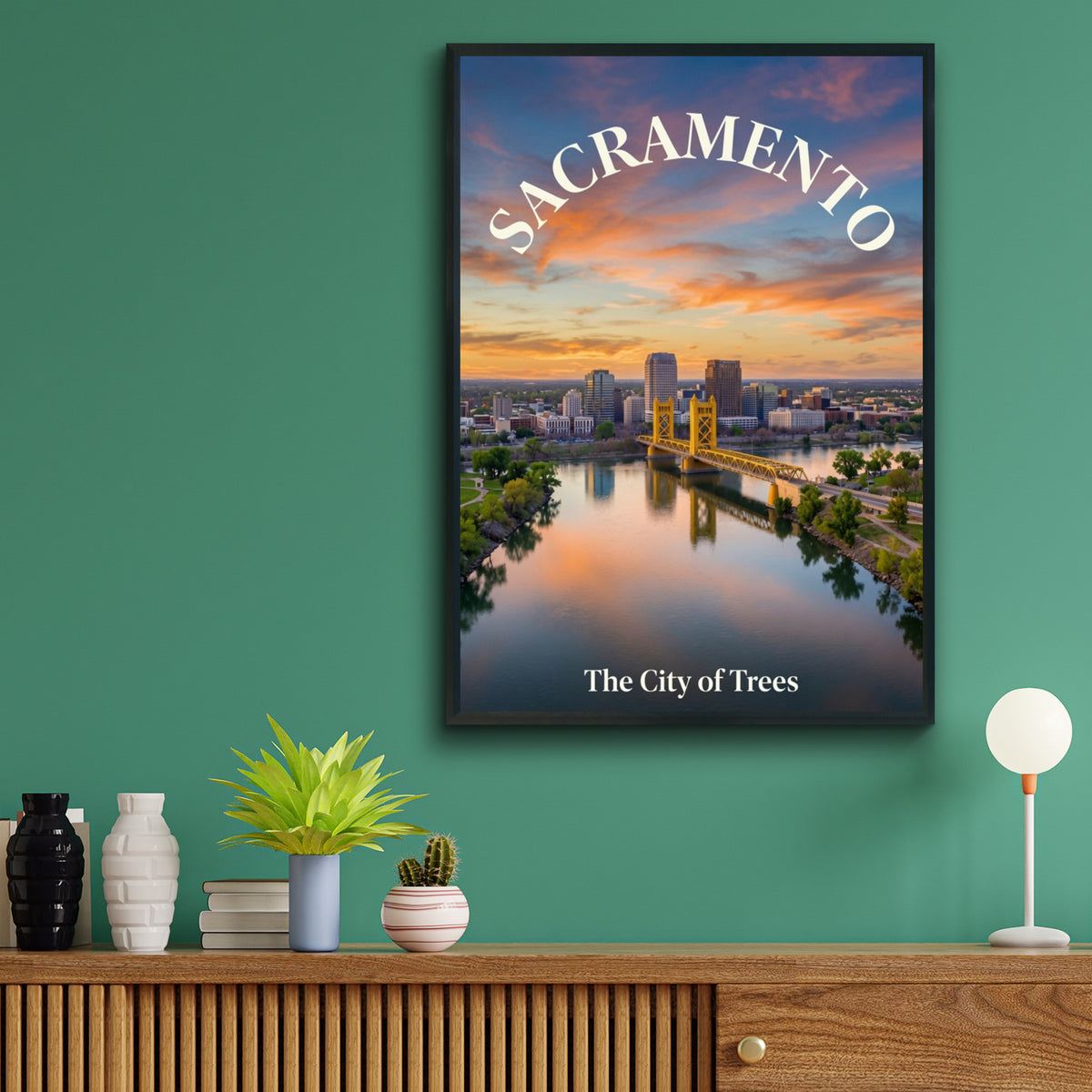 Sacramento Poster, City of Trees California Wall Art, Tower Bridge Sunset Skyline Print