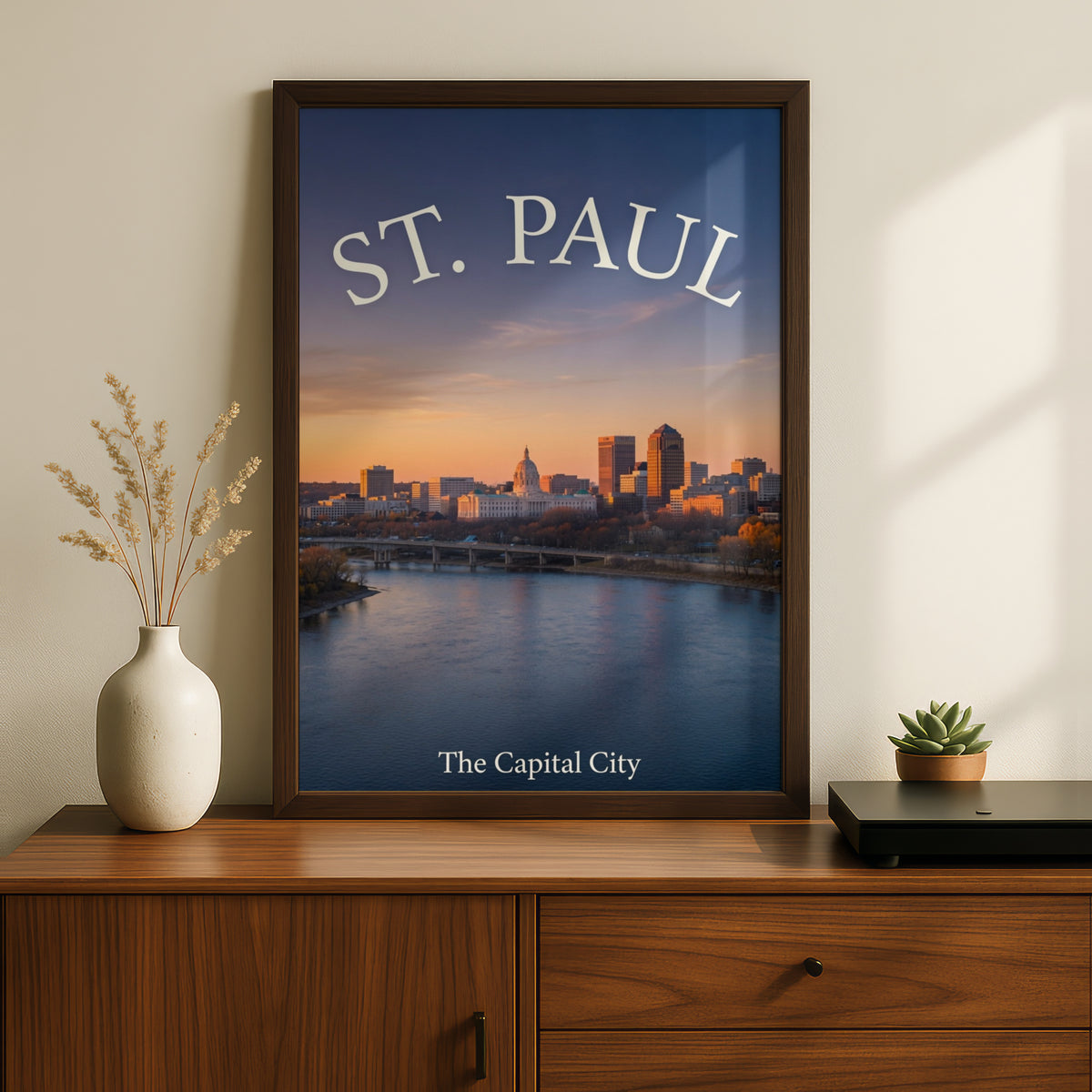 St. Paul Minnesota Skyline Poster, Capitol Building Mississippi River Sunset Wall Art Print