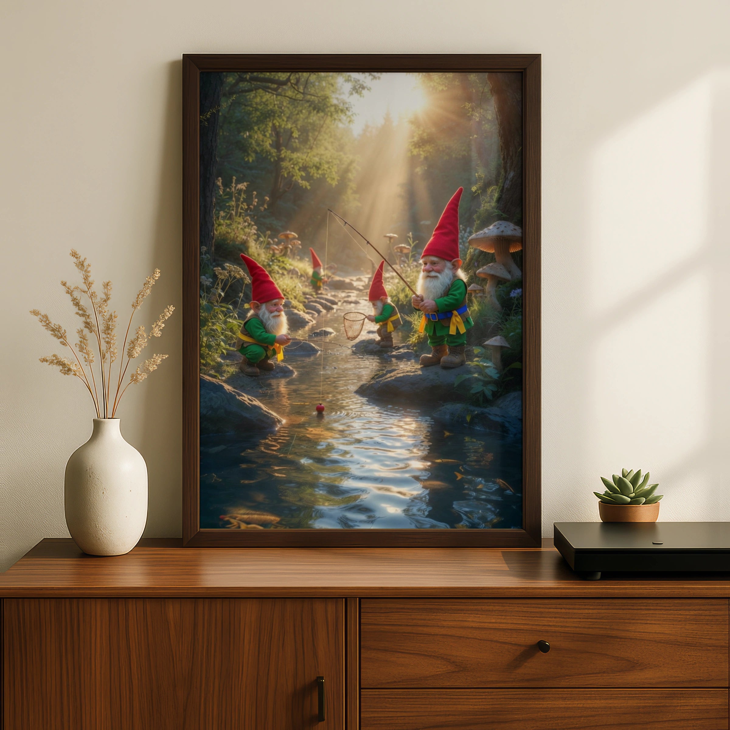 Gnomes Fishing in Enchanted Forest Poster, Whimsical Mushroom Wall Art, Fairy Tale Print