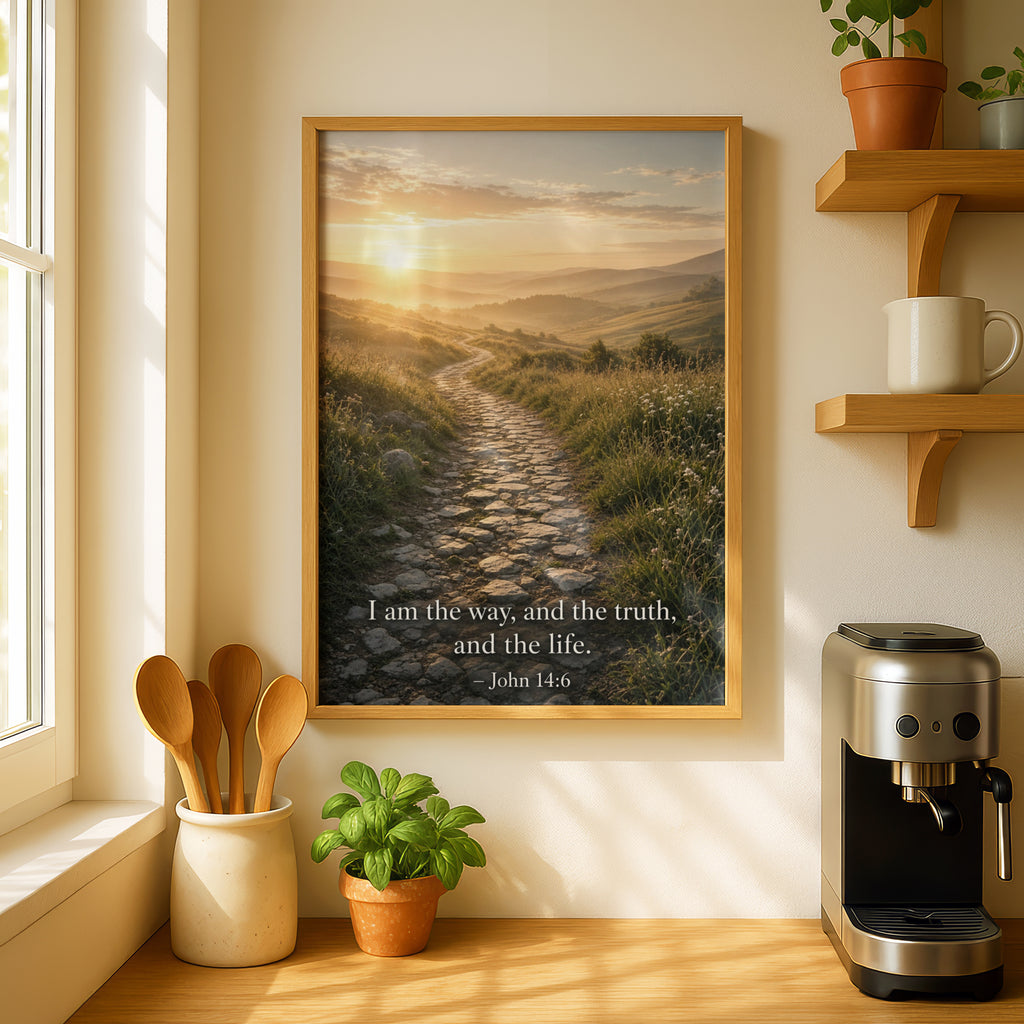 John 14:6 Bible Verse Poster, Christian Wall Art, Scripture Print, Sunrise Path