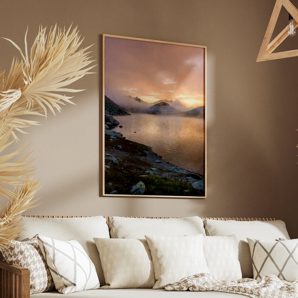 Mountain Lake Sunrise Poster, Misty Alpine Lake Wall Art, Nature Photography Print