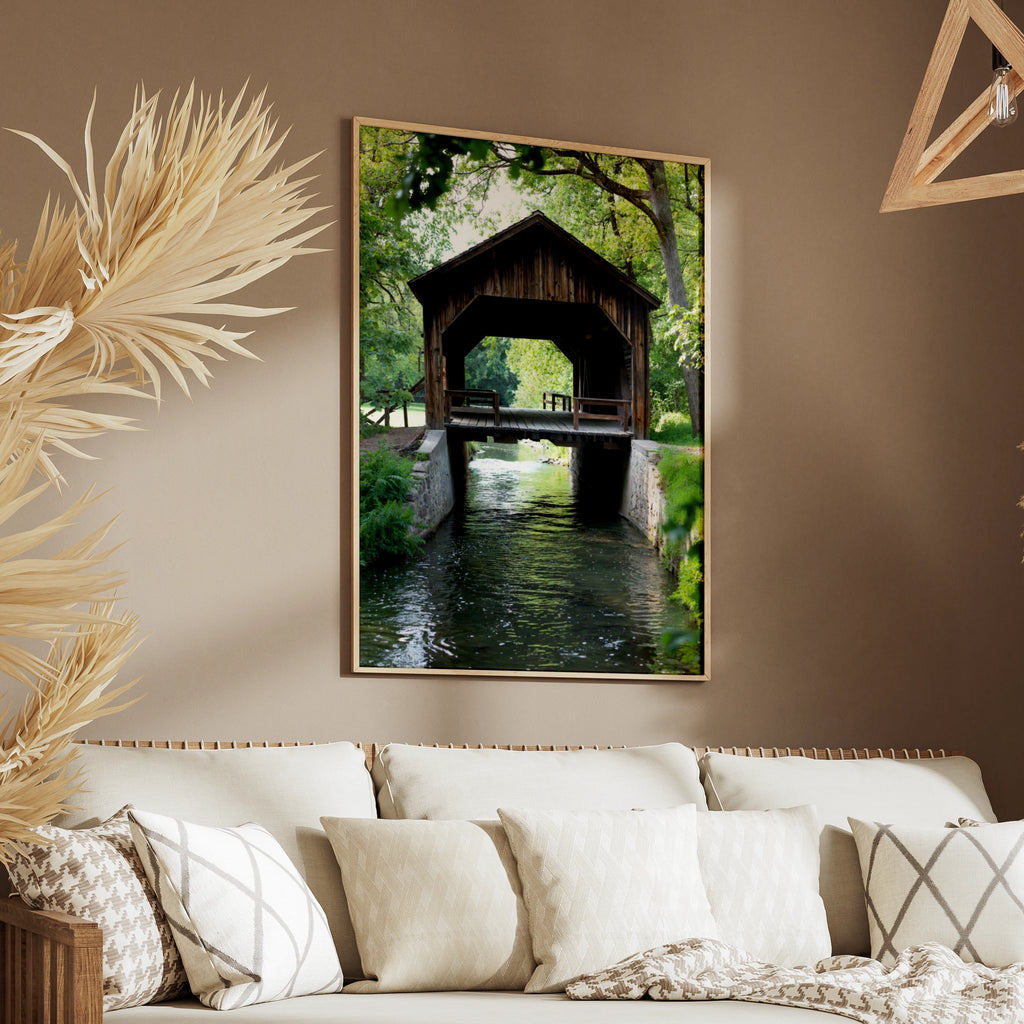Covered Bridge Poster, Rustic Wooden Bridge Print, Country River Wall Art, Nature Landscape Decor