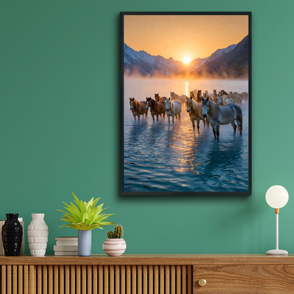 Wild Horses Sunset Mountain Lake Poster, Herd Horse Wall Art, Golden Sky Print