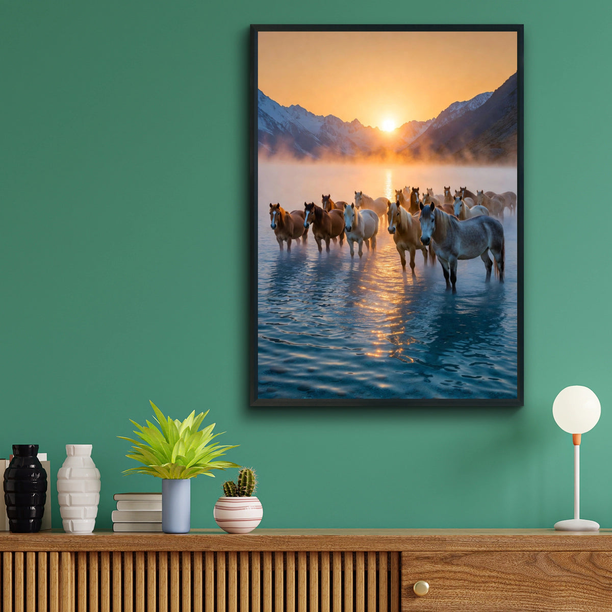 Wild Horses Sunset Mountain Lake Poster, Herd Horse Wall Art, Golden Sky Print