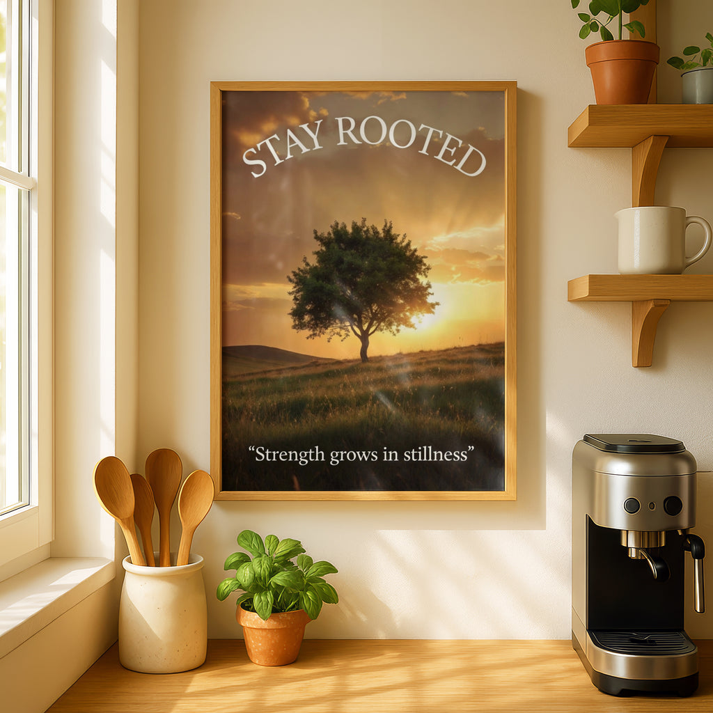 Stay Rooted Inspirational Tree Poster, Strength Quote Wall Art, Sunset Nature Print