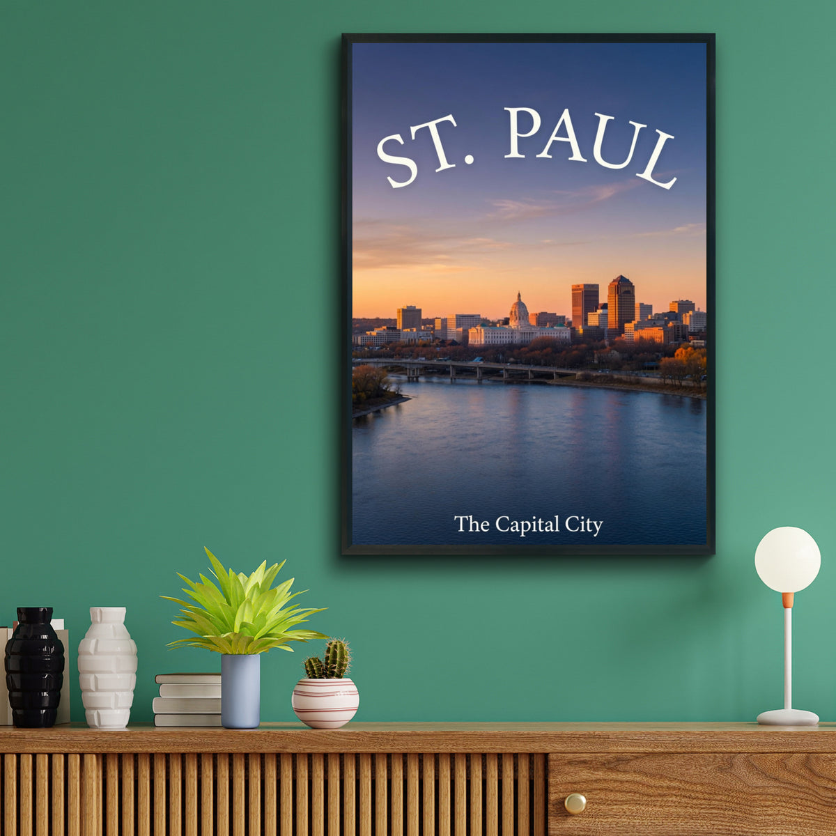 St. Paul Minnesota Skyline Poster, Capitol Building Mississippi River Sunset Wall Art Print
