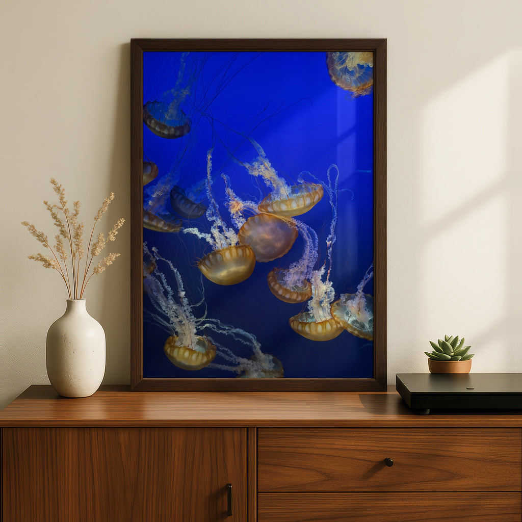 Jellyfish Wall Art, Ocean Photography Poster, Blue Underwater Sea Life Print