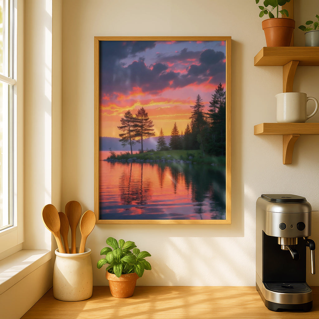 Sunrise Lake Forest Poster, Pine Tree Reflection Wall Art, Orange Sky Nature Print