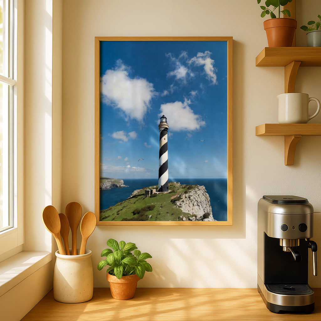 Lighthouse Poster, Black White Spiral Tower Coastal Wall Art, Seaside Cliffs Print