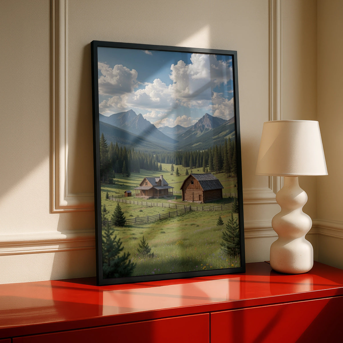 Mountain Cabin Poster, Rustic Log Cabin Wall Art, Alpine Valley Nature Print, Wilderness Decor