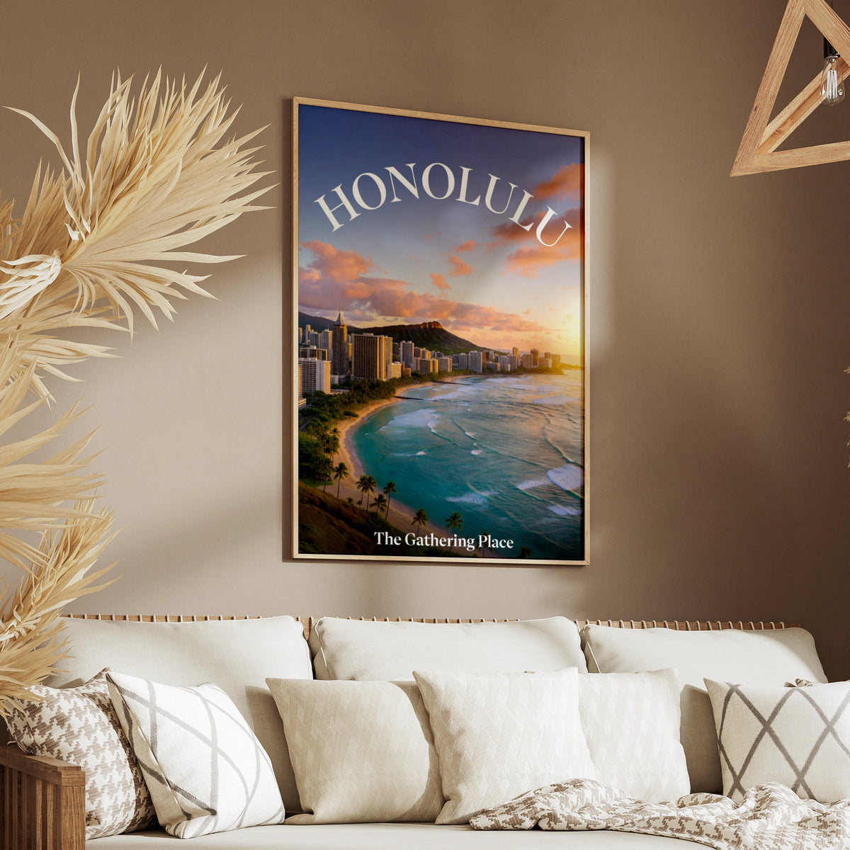 Honolulu Hawaii Travel Poster, Waikiki Beach Wall Art, Diamond Head Sunset Print