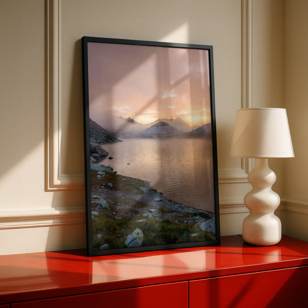 Mountain Lake Sunrise Poster, Misty Alpine Lake Wall Art, Nature Photography Print