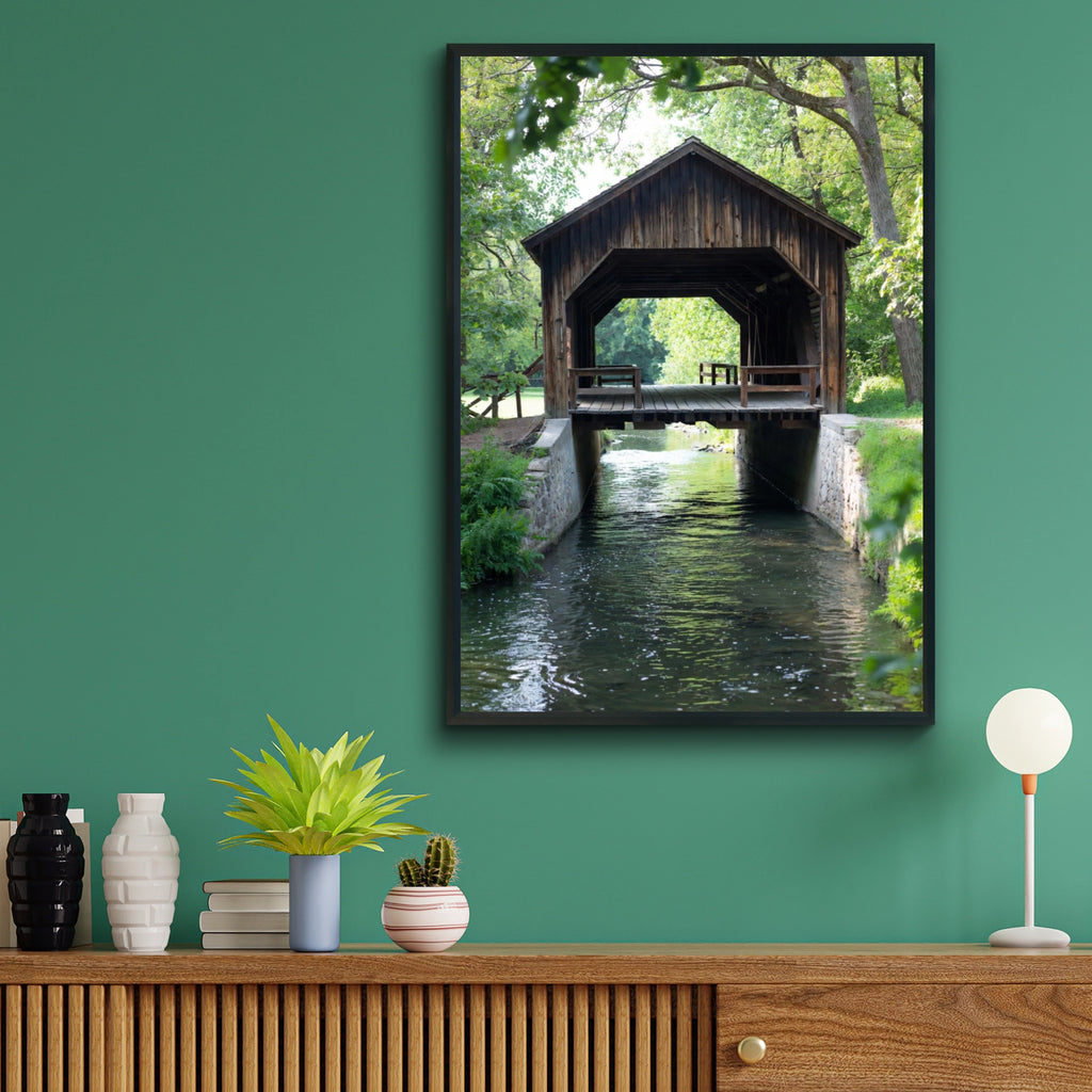 Covered Bridge Poster, Rustic Wooden Bridge Print, Country River Wall Art, Nature Landscape Decor
