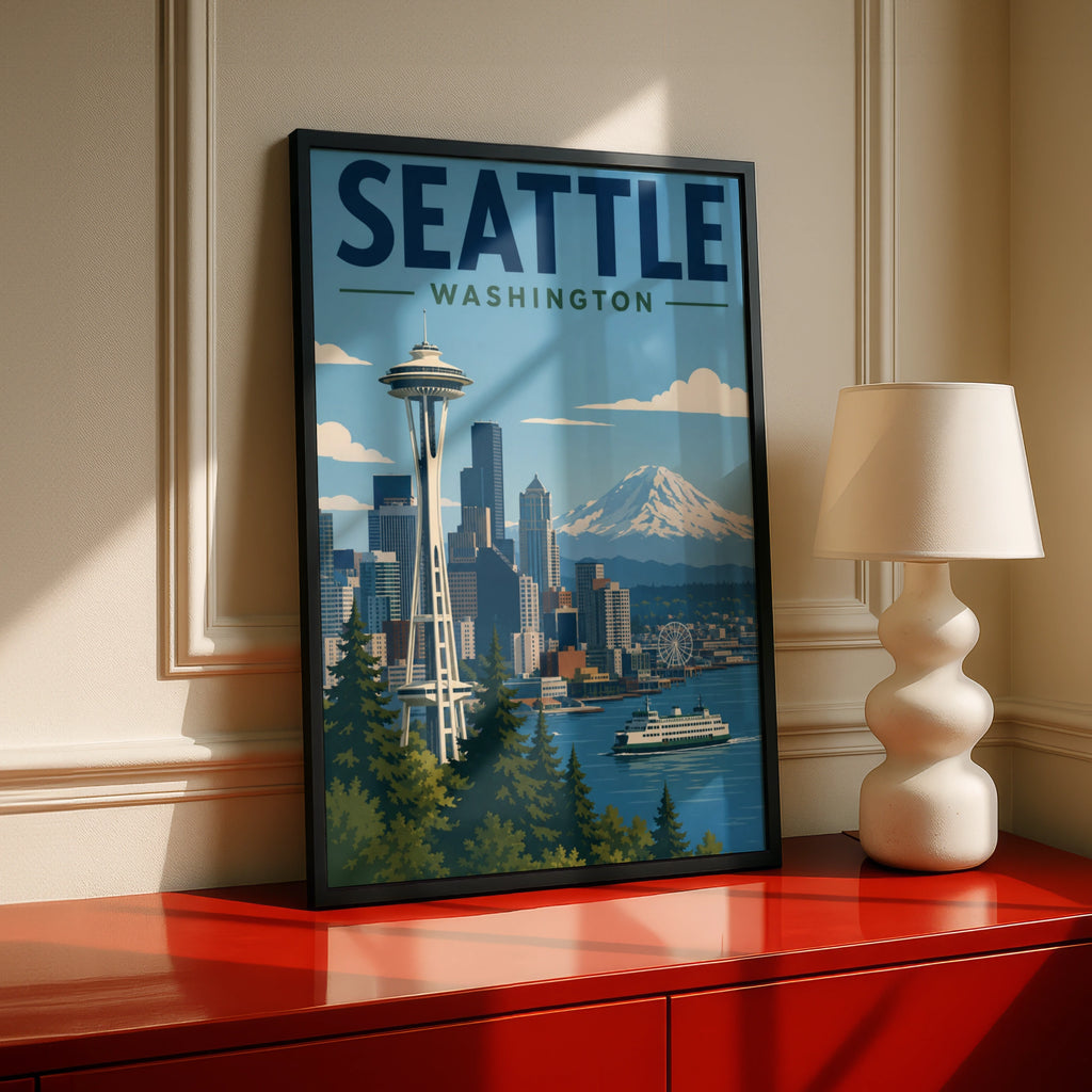 Seattle Washington Poster, Space Needle Retro Travel Print, Pacific Northwest Wall Art