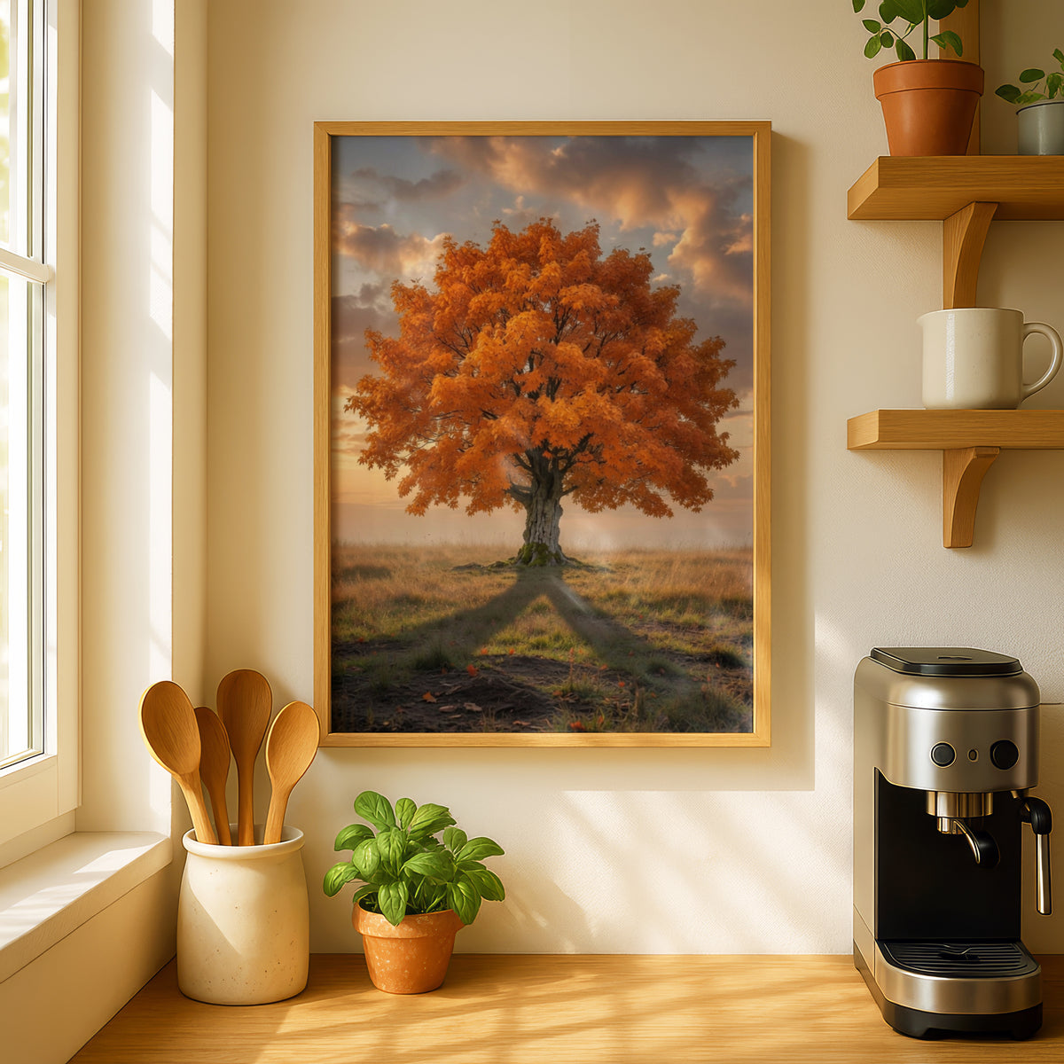 Fall Tree Poster, Autumn Orange Foliage Wall Art, Lone Tree Sunset Nature Print, Living Room Decor