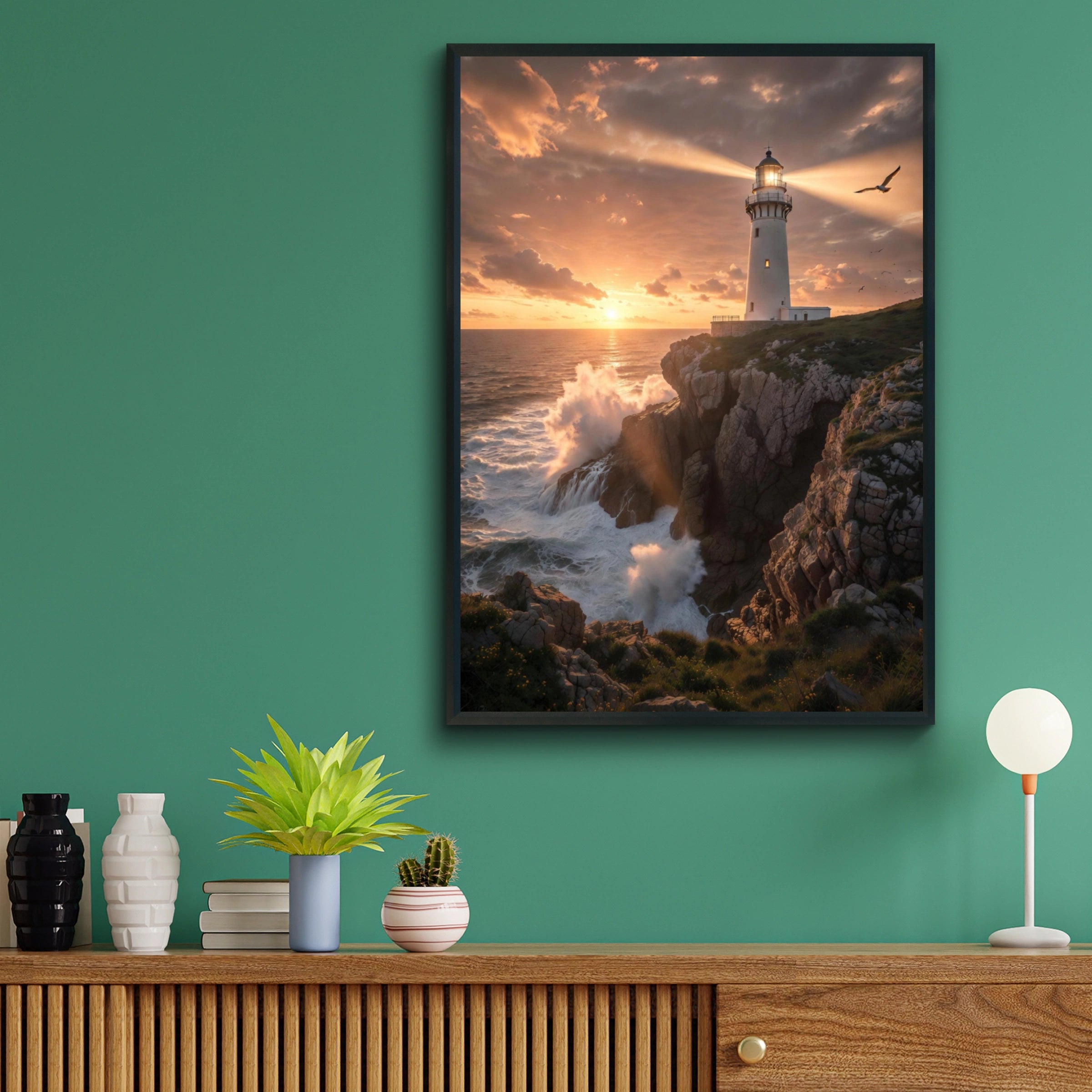 Lighthouse Sunset Poster, Coastal Wall Art, Rocky Cliff Ocean Print, Dramatic Seascape Decor