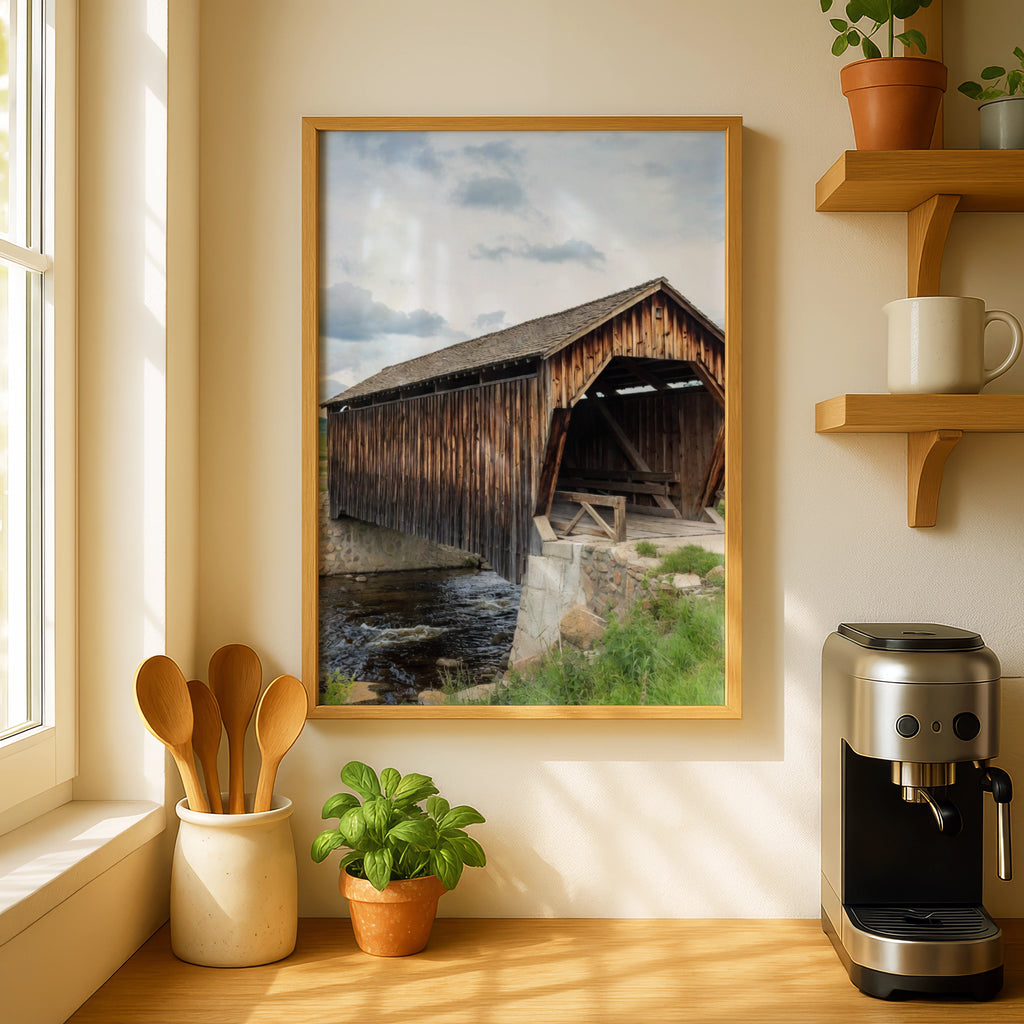 Covered Bridge Poster, Rustic Wooden Bridge Wall Art, Country Landscape Print, Rural Farmhouse Decor