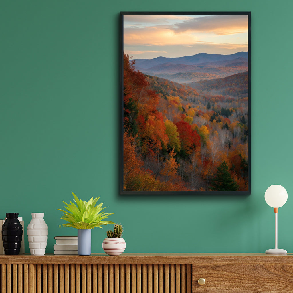 Fall Colors Mountain Forest Poster, Autumn Landscape Wall Art, Red Orange Foliage Print