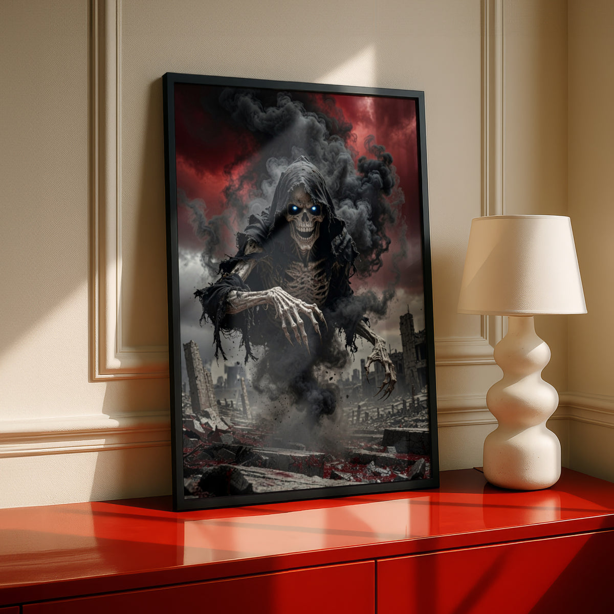 Grim Reaper Poster, Dark Skeleton Wall Art, Gothic Horror Print, Red Sky Apocalypse Decor